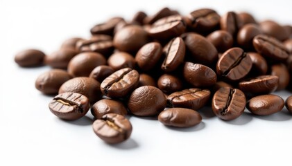 Close-up of dark roasted coffee beans on white , dark, seed
