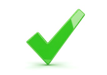 A single green check mark standing upright on a white surface with a glossy and somewhat reflective finish