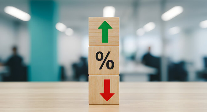 Wooden Blocks Stacked with Arrows and Percentage Symbol Representing Financial Growth Interest Rate and Economy On Blurred Background