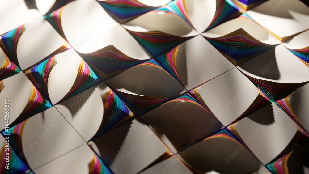 Poster parametric surface generating intricate geometric patterns and iridescent waves, smoothly flowing un