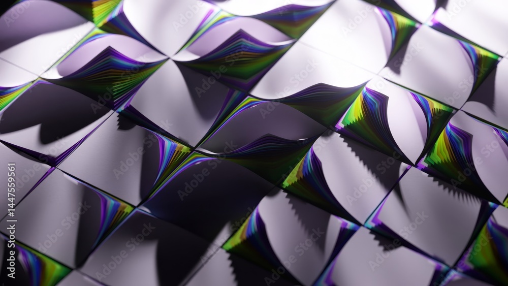 Poster iridescent geometric shapes morphing and flowing dynamically across white background, creating vibra