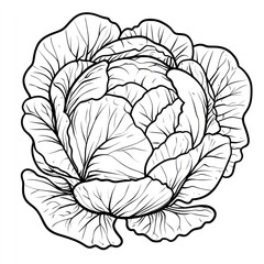 A detailed black and white outline depiction of a large cabbage