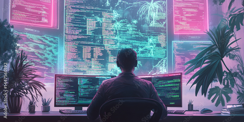 Poster person sits at desk surrounded by computer screens displaying lines of code, illuminated in pink and