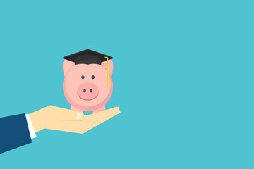 Graduation cost, expensive education, scholarship loan budget, education savings and investment concept. Piggy bank in flat design.