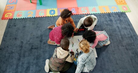 Above, education and drawing with kids in classroom for child development, artwork and creative...