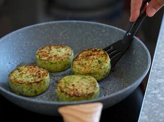 A woman flipping vegetable patties in a frying pan with a spatula
