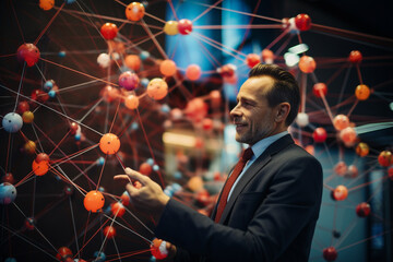 The businessman utilizes a global structure networking and analytics connection to access data driven insights, analytical services, financial analysis, and a social network  