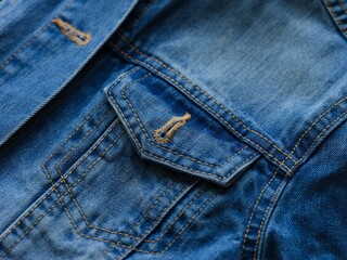 Fototapeta premium Close-up of a blue denim jacket. Focus on pocket
