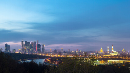 Panoramic aerial view of Moscow City, Russia, from Sparrow Hills day to night timelapse