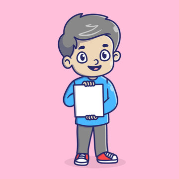 Cute Cartoon Boy Character Holding Blank Paper