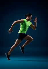 Side view of a fit man in marathon attire, standing tall in studio light