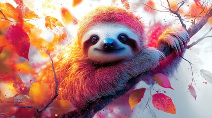 Naklejka premium Smiling sloth clinging to branch surrounded by colorful leaves, autumn season, vibrant colors, whimsical scene, serene mood on a transparent background, PNG image, PNG file.