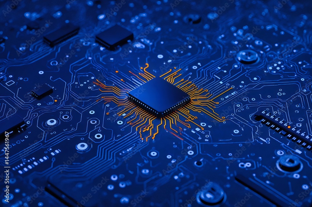 Aufkleber 青色とオレンジ色の発光要素を備えた回路基板のクローズアップテクノロジーデザイン