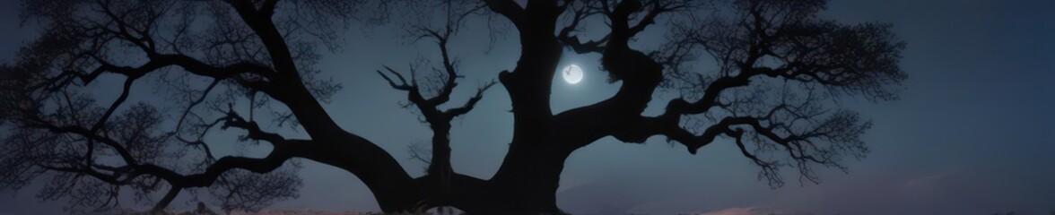 Fototapeta premium Ancient gnarled oak silhouetted against a pale moonlit sky , twilight, peaceful, dreamlike