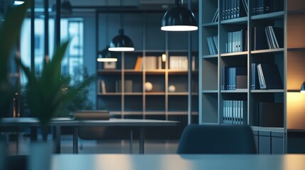 An elegant modern office scene with soft lighting and a sleek bookcase for Zoom calls