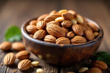 A rustic bowl brimming with assorted nuts and seeds, including almonds , protein, dark background, mix