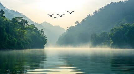 Misty sunrise over serene lake, birds in flight, lush green mountains. Peaceful nature scene for travel brochures