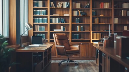 A well lit office with a sleek bookcase creating a polished professional Zoom background