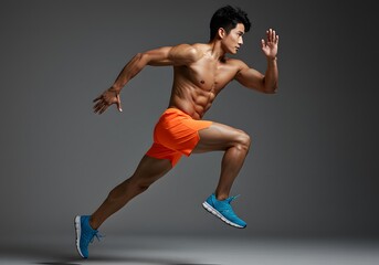 Obraz premium Side view of a fit man in marathon attire, standing tall in studio light