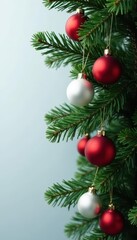 Obraz premium Dark green fir branch adorned with red & white ornaments , sparkle, gold, ornaments