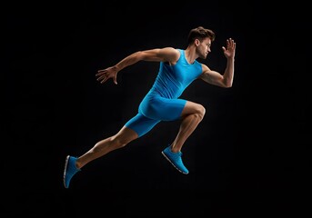 Side view of a fit man in marathon attire, standing tall in studio light