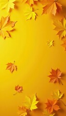 Fototapeta premium Golden autumn leaves scattered on a vibrant yellow backdrop , leaf, photography