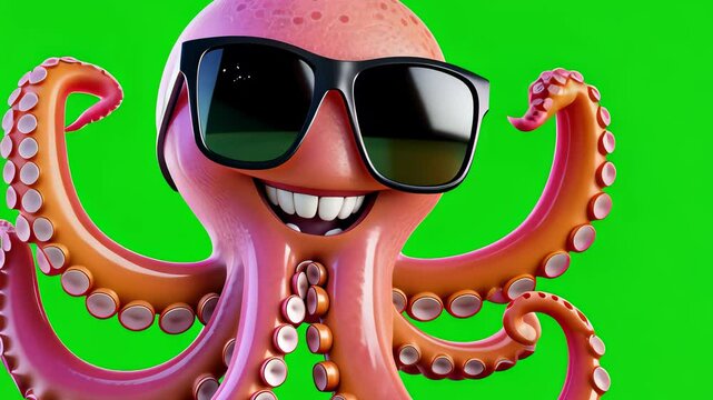 Playful Pink Cartoon Octopus Wearing Sunglasses Against Green Screen