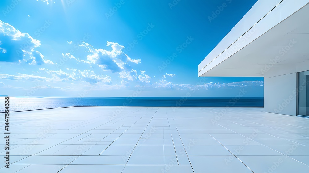 Poster 青い空と海に面した白いモダン建築 日差しの中で輝くコントラストの風景
