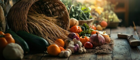 Fototapeta premium Fresh Vegetables and Grains Displayed on Rustic Table