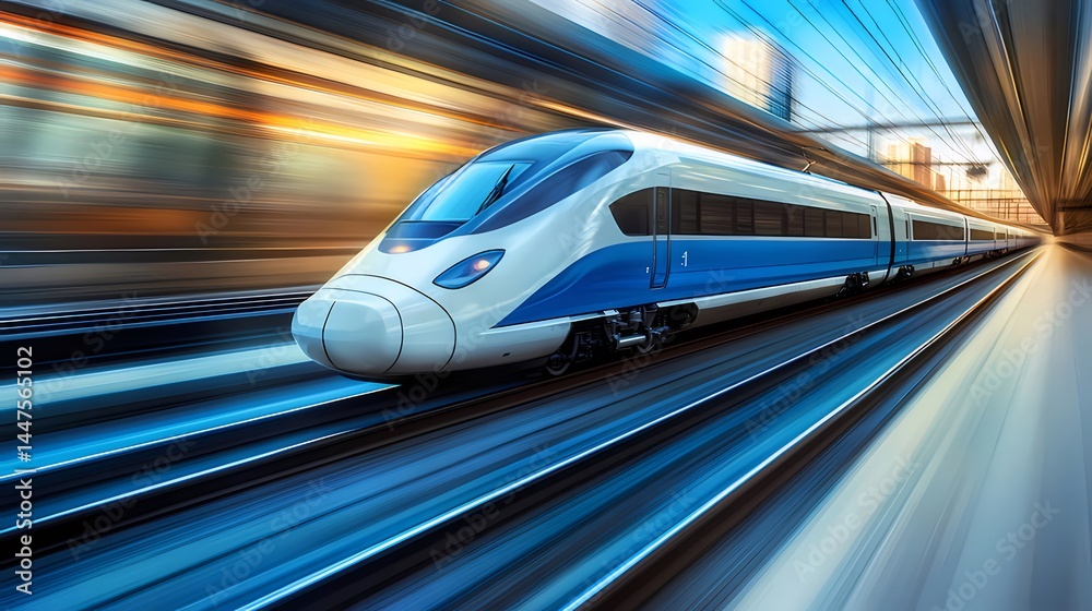 Aufkleber 高速鉄道が都市トンネルを疾走する鮮やかな青と白の塗装 未来的な輸送技術のイメージ