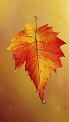 Fototapeta premium Vibrant red & yellow autumn leaf, water droplets, yellow background , golden, leaf, background