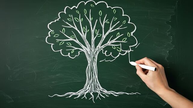 Hand sketching tree on chalkboard: creative growth and nature art evolution
