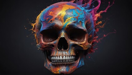 Abstract skull, vibrant swirling colors, dark background, contrast, green