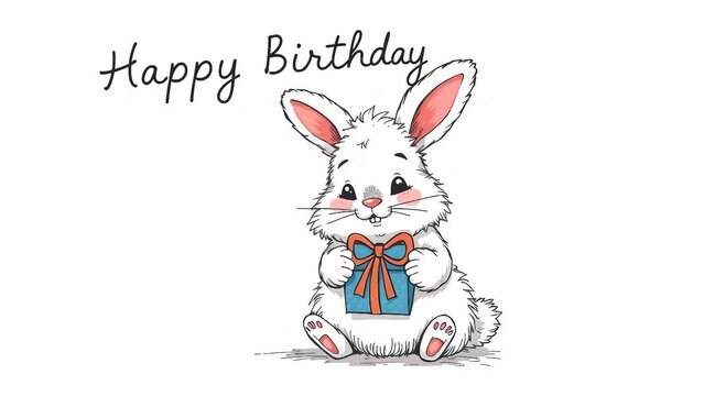 Niedliches Cartoon-H&auml;schen mit Geschenk und &bdquo;Happy Birthday&ldquo;-Text &ndash; perfekt f&uuml;r Kindergeburtstage oder s&uuml;&szlig;e Gl&uuml;ckw&uuml;nsche.