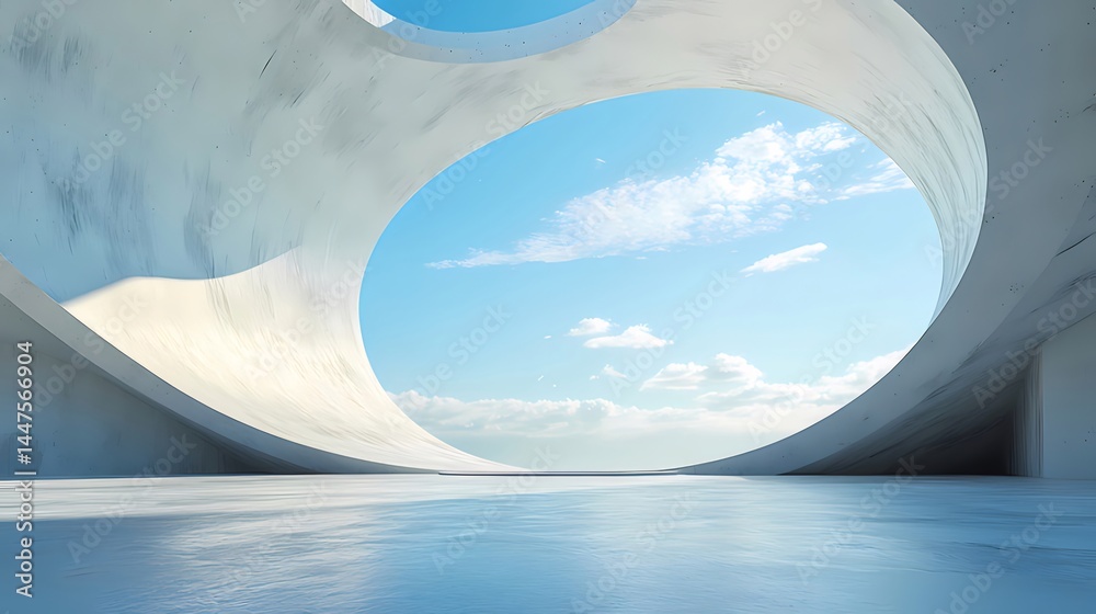 Aufkleber 白い円形構造物と青い空のコントラスト 未来的な建築デザインと明るい光の風景