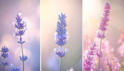 Obraz premium Trio of Lavender Flowers in Soft, Dreamy Light, Creating a Calm and Serene Nature Background