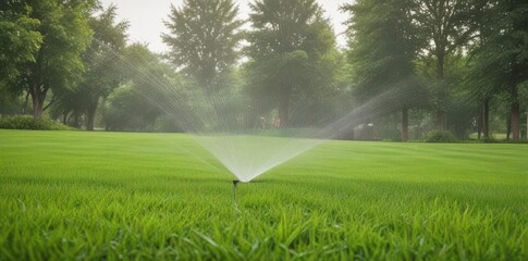 Fototapeta premium Automated sprinkler system installed in lush green lawn, spray pattern, summer, automatic