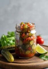 Jar of homemade salsa with pickles and fresh vegetables on wooden tray