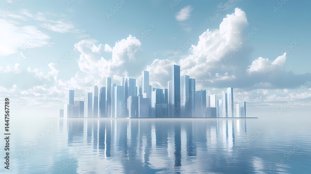 Poster 水面に浮かぶ未来都市のパノラマ 青い空と雲の下にそびえ立つ高層ビル群のデジタルイラスト