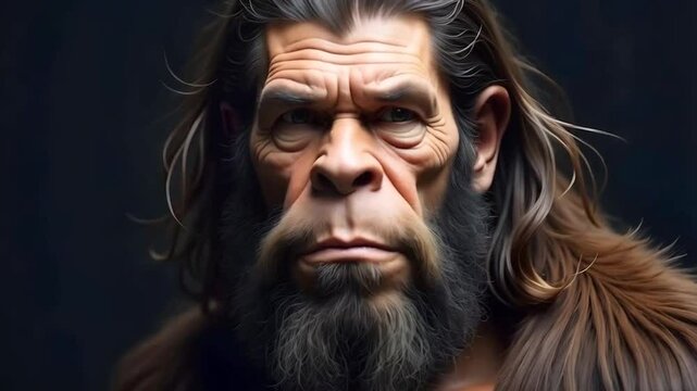 Close up of a Neanderthal man with long, dark hair and a thick beard on a black background