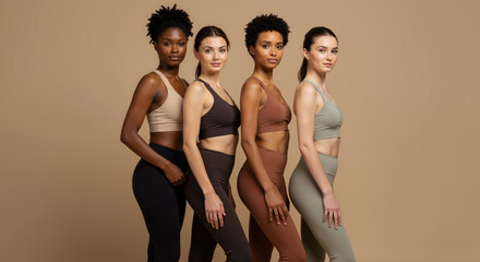 Four diverse women in athletic crop tops standing in a row on neutral beige background. Models with different skin tones wearing sports bras in earthy colors - beige, brown, terracotta, sage green.