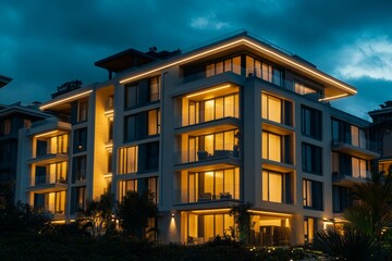 Fototapeta premium The luxury apartment building stands majestically at night, radiating with warm, soft lights that highlight its contemporary design. The tranquil atmosphere emphasizes elegance