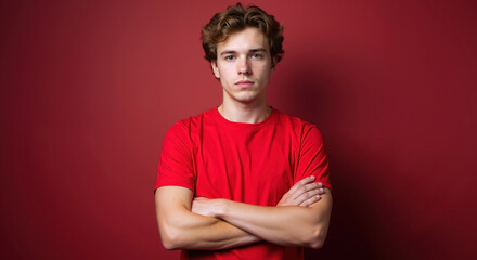 Serious young caucasian man in red t-shirt with arms crossed. Confident pose against red background. Horizontal banner for youth programs, men's health awareness, self-confidence coaching