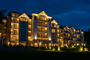 Fototapeta premium A stunning luxury apartment building showcases its architectural beauty through soft lighting against a night sky, highlighting manicured gardens and a peaceful atmosphere
