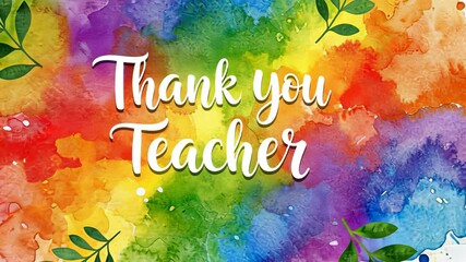 Colorful thank you teacher animation with vibrant watercolor splashes and leaf accents