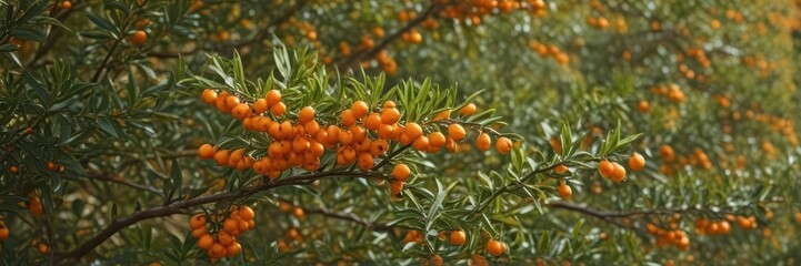 Compact sea buckthorn shrub, sunlit, abundant berries ,  sunlight,  flowers,  golden