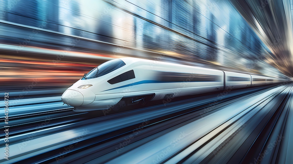 Poster 高速鉄道の鮮やかな表現 未来的な白い電車が高速で移動する 抽象的な背景に青と白の線が流れる
