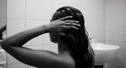 Naklejka premium Woman washing hair in shower with hand running through wet strands against white tile background. Monochrome. Hair care routine concept. Shampoo products, conditioners, hair masks