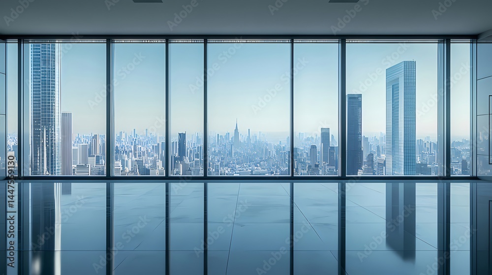 Poster 高層ビルの窓からの都市パノラマ 青い空と光溢れる現代的な都市風景 都会の建築デザインと明るい光