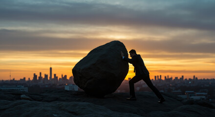 Silhouette of person pushing large boulder against dramatic sunset skyline. Determination and challenge concept. Overcoming obstacles, persistence metaphor, human struggle. Motivational imagery.